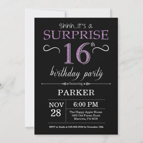 Surprise 16th Birthday Invitation Black and Purple