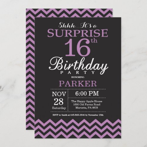 Surprise 16th Birthday Invitation Black and Purple