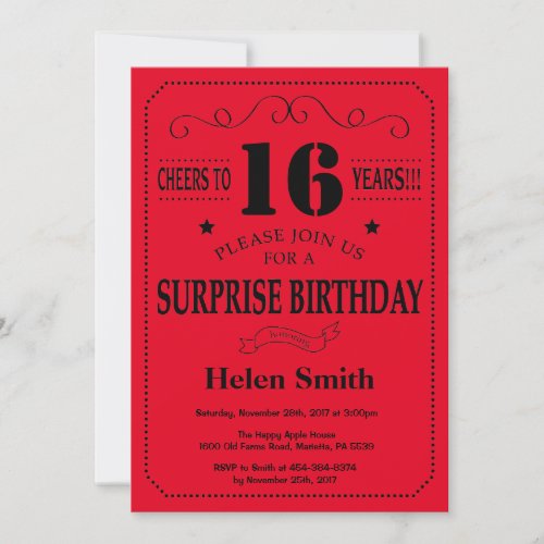 Surprise 16th Birthday Invitation Black and Red