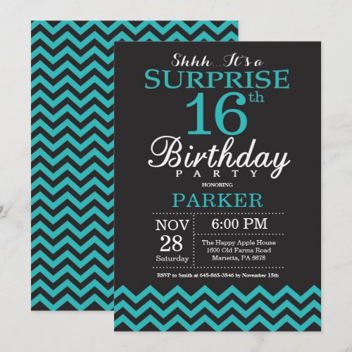 Surprise 16th Birthday Invitation Black and Teal