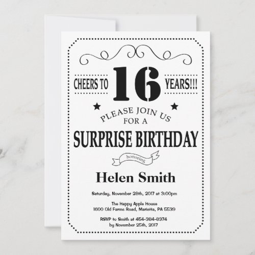 Surprise 16th Birthday Invitation Black and White