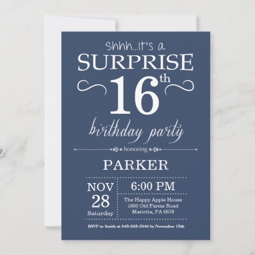 Surprise 16th Birthday Invitation Blue