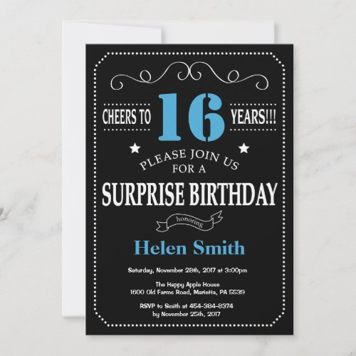 Surprise 16th Birthday Invitation Blue and Black