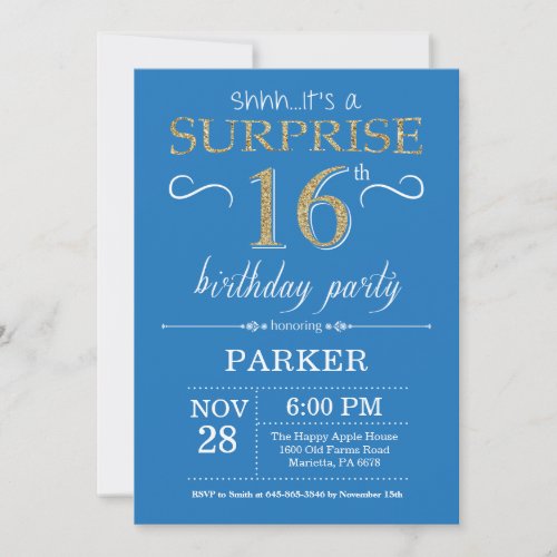 Surprise 16th Birthday Invitation Blue and Gold