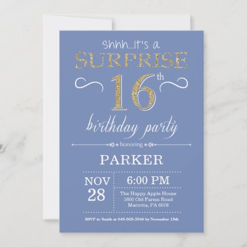 Surprise 16th Birthday Invitation Blue and Gold
