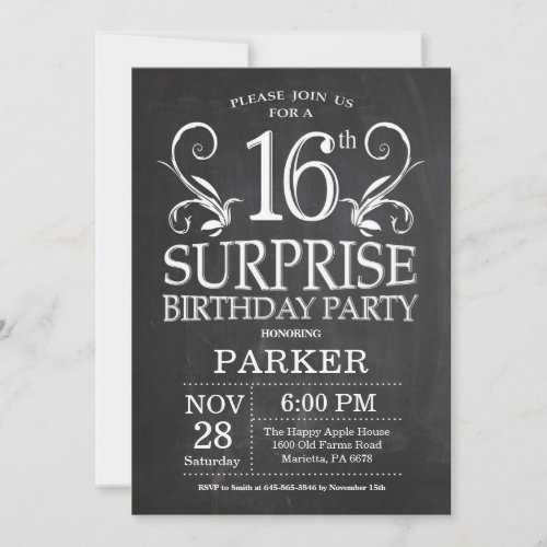 Surprise 16th Birthday Invitation Chalkboard