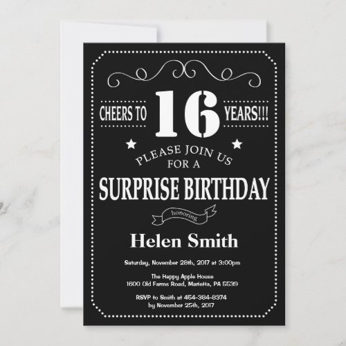 Surprise 16th Birthday Invitation Chalkboard