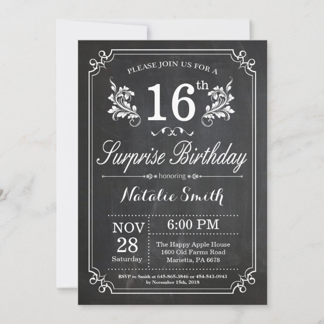 Surprise 16th Birthday Invitation Chalkboard (Front)
