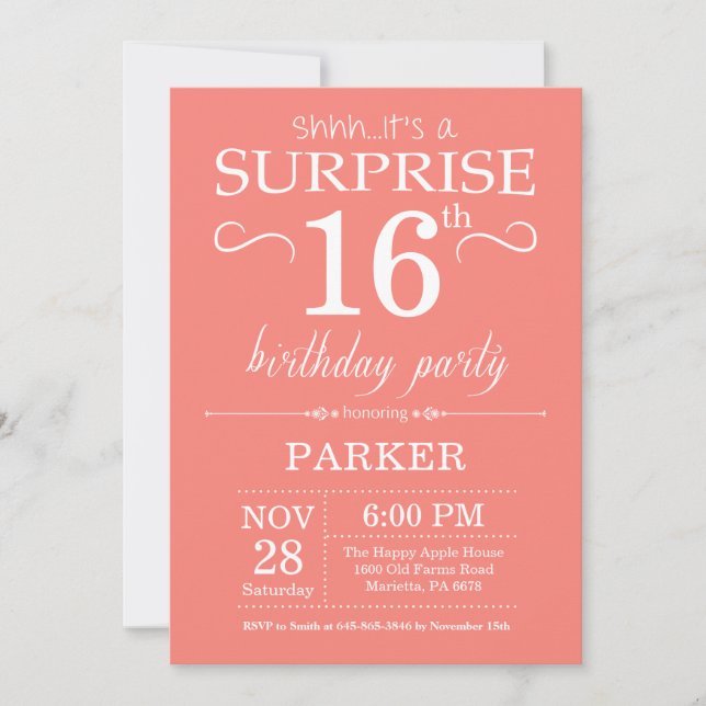 Surprise 16th Birthday Invitation Coral (Front)