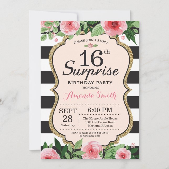 Surprise 16th Birthday Invitation Floral (Front)