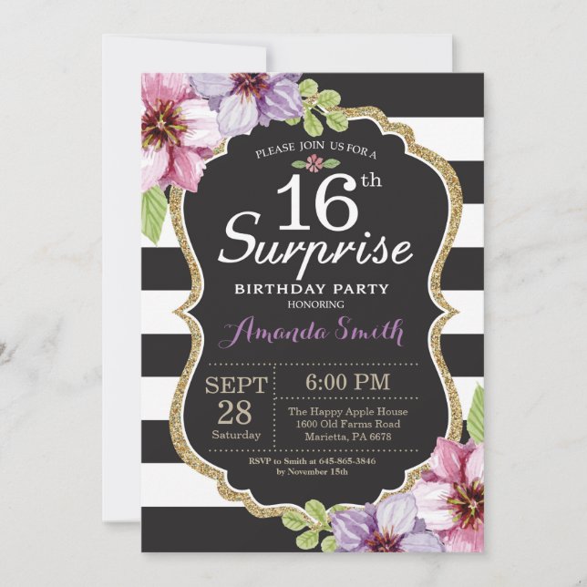 Surprise 16th Birthday Invitation Floral Gold (Front)