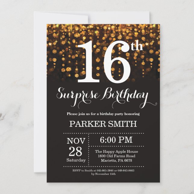 Surprise 16th Birthday Invitation Gold Glitter (Front)