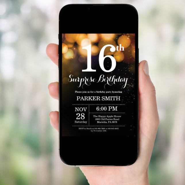 Surprise 16th Birthday Invitation Gold Glitter (Front Digital)