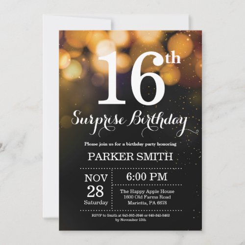 Surprise 16th Birthday Invitation Gold Glitter