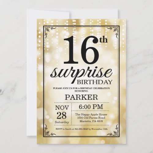 Surprise 16th Birthday Invitation Gold Glitter