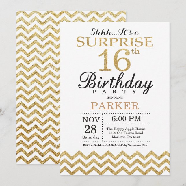 Surprise 16th Birthday Invitation Gold Glitter (Front/Back)
