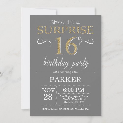 Surprise 16th Birthday Invitation Gray and Gold