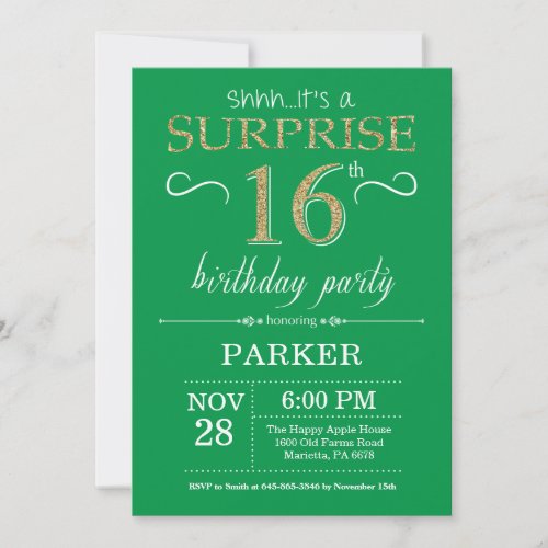 Surprise 16th Birthday Invitation Green and Gold