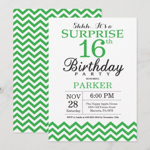 Surprise 16th Birthday Invitation Green Chevron