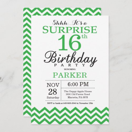 Surprise 16th Birthday Invitation Green Chevron