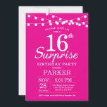 Surprise 16th Birthday Invitation Hot Pink<br><div class="desc">Surprise 16th Birthday Invitation with String Lights. Hot Pink Background. Kids Birthday. Girl Female Lady Elegant Modern bday. 13th 15th 16th 18th 20th 21st 30th 40th 50th 60th 70th 80th 90th 100th, Any age. For further customization, please click the "Customize it" button and use our design tool to modify this...</div>