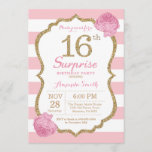 Surprise 16th Birthday Invitation Pink and Gold<br><div class="desc">Surprise 16th Birthday Invitation. Pink and Gold. Gold Glitter. Pink and White Stripes. Pink Floral Flower. Kids Birthday. Girl Lady Teen Teenage Birthday Party. For further customization,  please click the "Customize it" button and use our design tool to modify this template.</div>