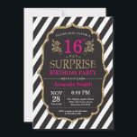 Surprise 16th Birthday Invitation Pink Black Gold<br><div class="desc">Surprise 16th Birthday Invitation for Girl. Pink Black and Gold Birthday Party Invite. Gold Glitter. Pink Floral Flower. Black and White Stripes. Printable Digital. For further customization,  please click the "Customize it" button and use our design tool to modify this template.</div>