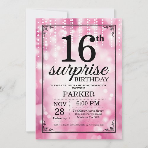 Surprise 16th Birthday Invitation Pink Glitter