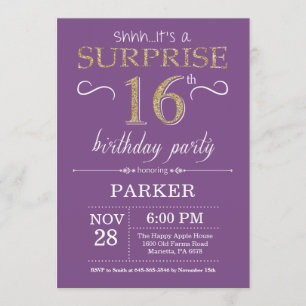 Surprise 16th Birthday Invitation Purple and Gold