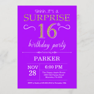Surprise 16th Birthday Invitation Purple and Gold