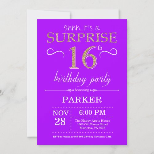 Surprise 16th Birthday Invitation Purple and Gold