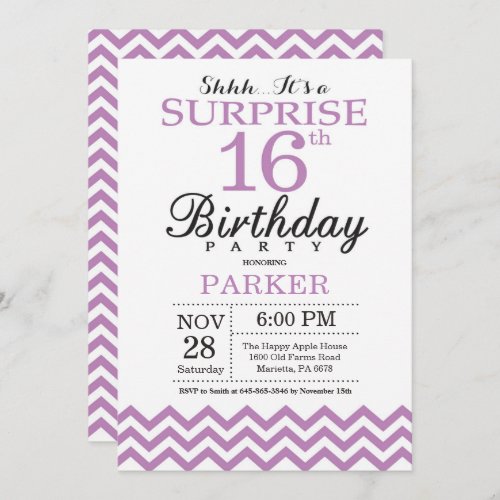 Surprise 16th Birthday Invitation Purple Chevron