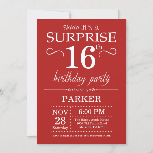 Surprise 16th Birthday Invitation Red (Front)