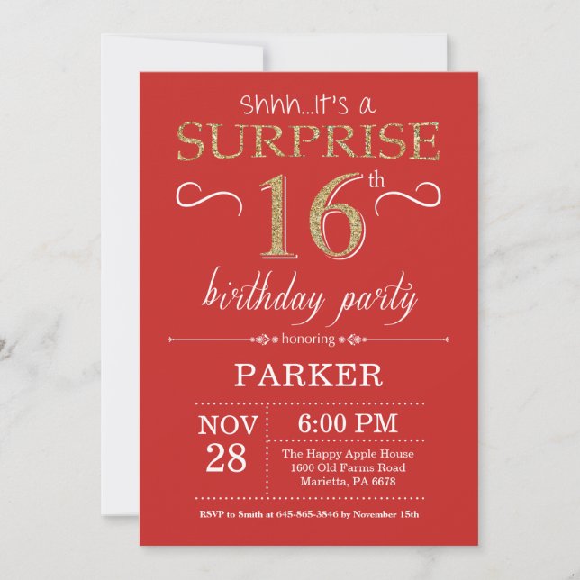 Surprise 16th Birthday Invitation Red and Gold (Front)