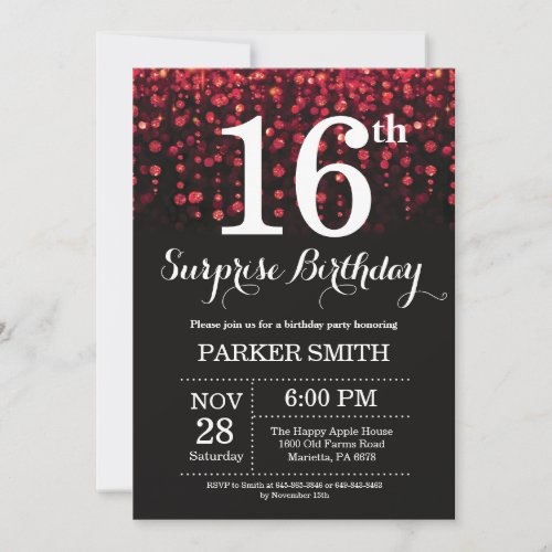 Surprise 16th Birthday Invitation Red Glitter