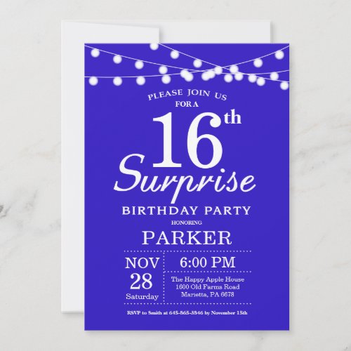 Surprise 16th Birthday Invitation Royal Blue