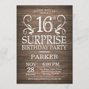 Surprise 16th Birthday Invitation Rustic Wood
