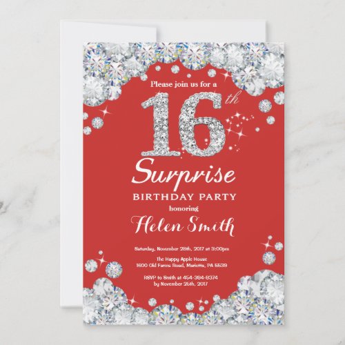 Surprise 16th Birthday Invitation Silver Diamond
