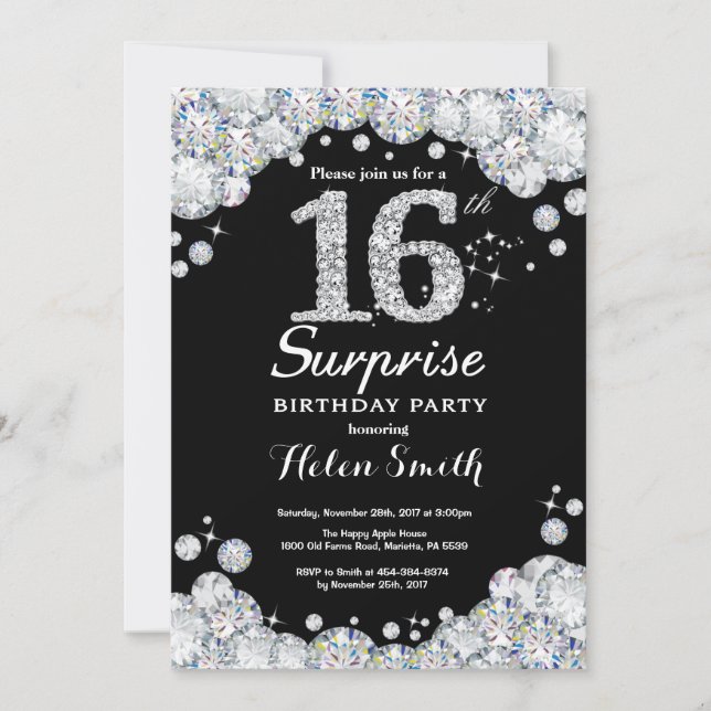 Surprise 16th Birthday Invitation Silver Diamond (Front)