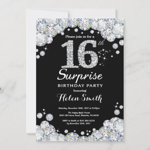 Surprise 16th Birthday Invitation Silver Diamond