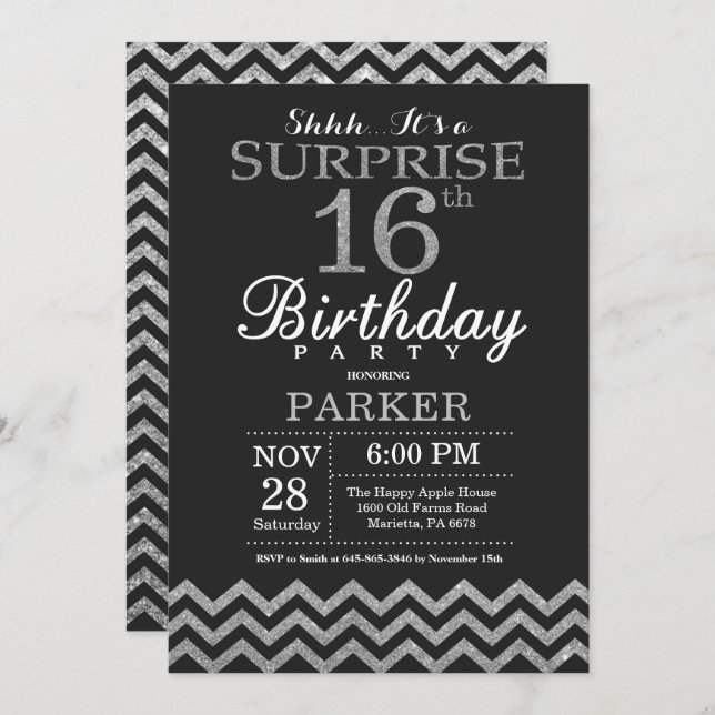Surprise 16th Birthday Invitation Silver Glitter (Front/Back)