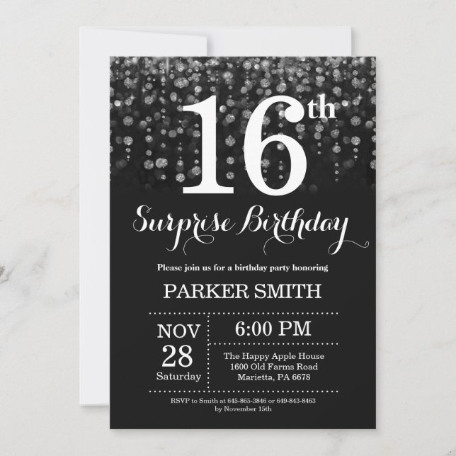Surprise 16th Birthday Invitation Silver Glitter (Front)