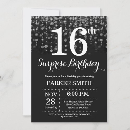 Surprise 16th Birthday Invitation Silver Glitter