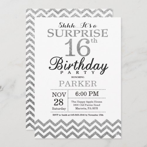 Surprise 16th Birthday Invitation Silver Glitter