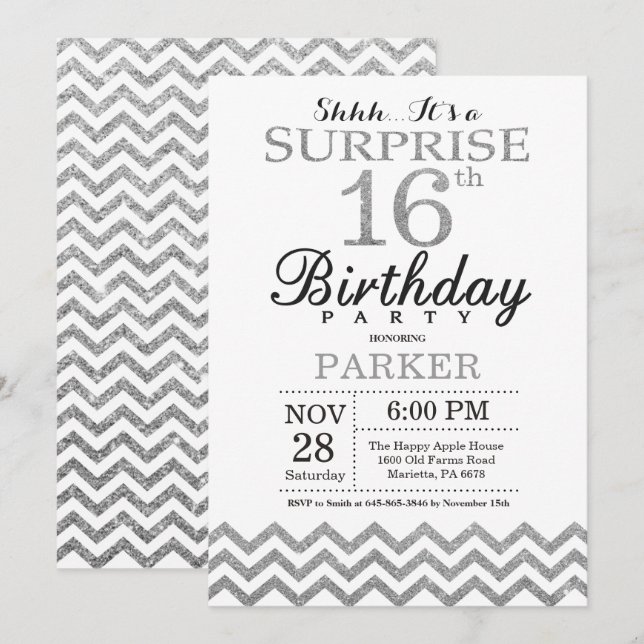 Surprise 16th Birthday Invitation Silver Glitter (Front/Back)
