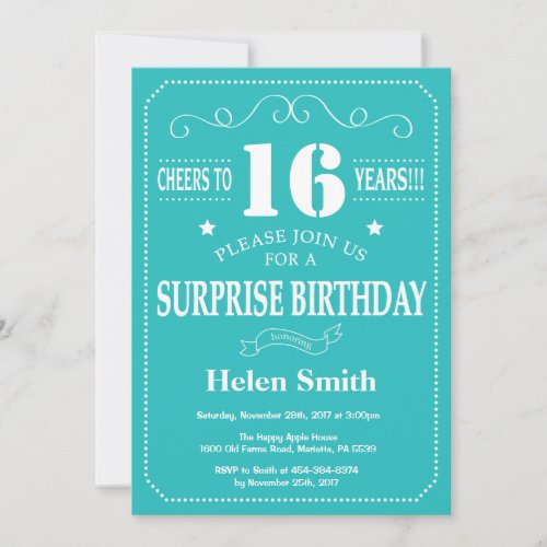 Surprise 16th Birthday Invitation Teal and White