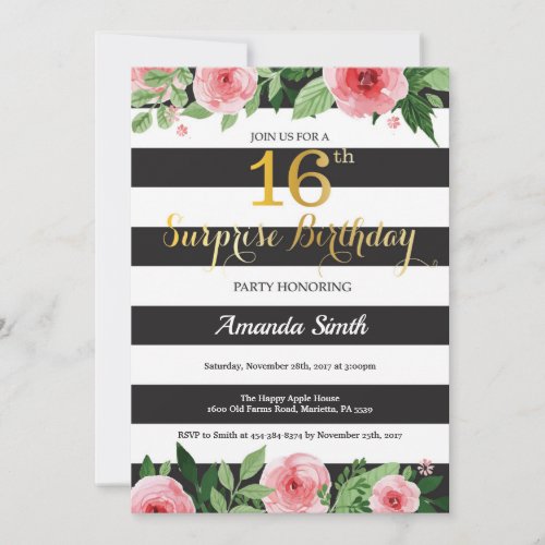 Surprise 16th Birthday Invitation Teen Floral