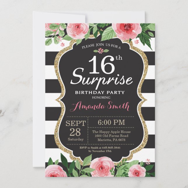 Surprise 16th Birthday Invitation Women. Floral (Front)