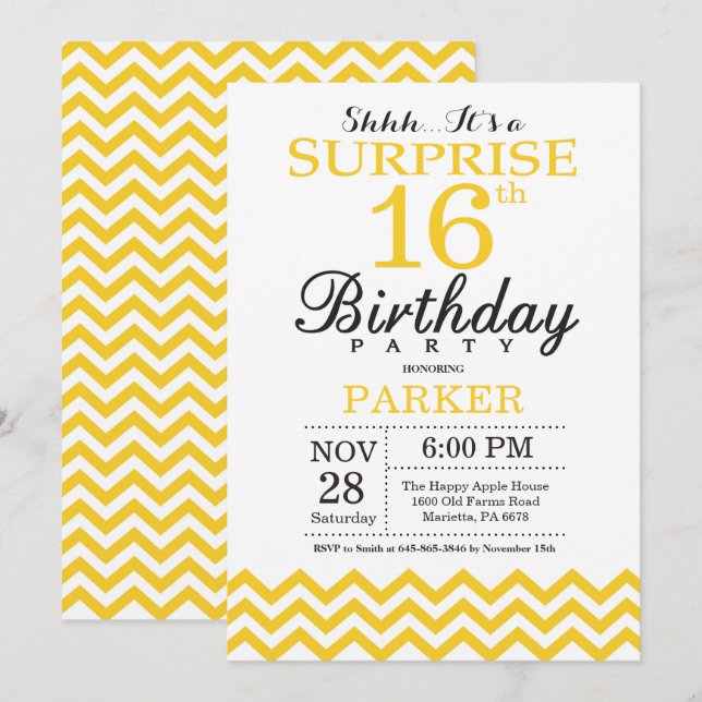 Surprise 16th Birthday Invitation Yellow Chevron (Front/Back)