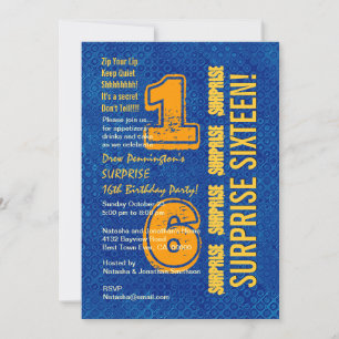 SURPRISE 16th Birthday Modern Blue and Gold W526B Invitation